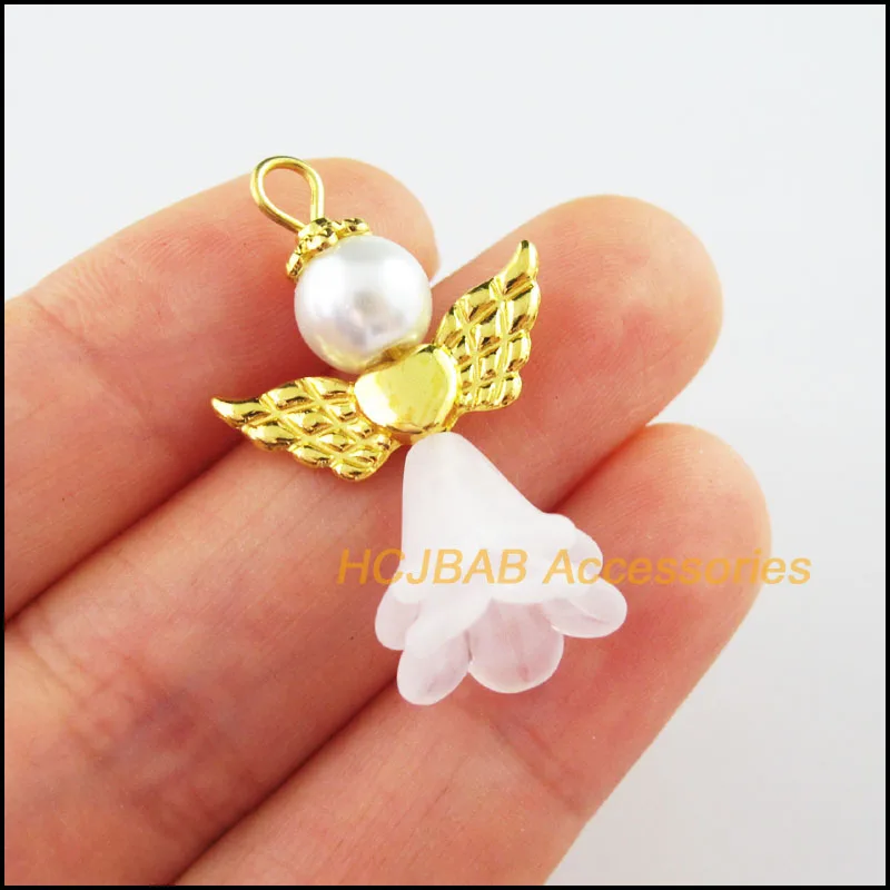 10Pcs Retro Gold Silver Plated White Acrylic Angel Charms Pendants 21.5x33mm
