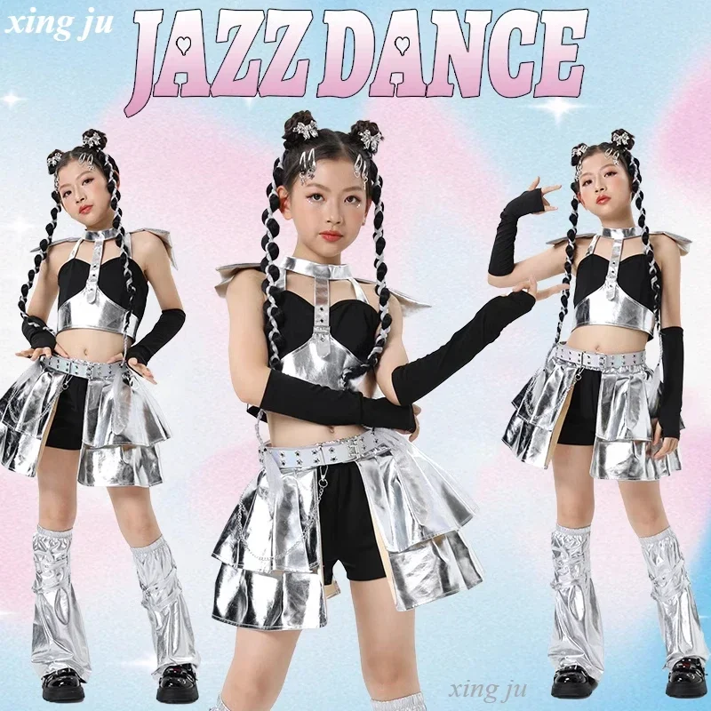 

Silver Fashion Kids Jazz Dance Set Kpop Dancing Competition Costumes Stage Performance Outfits Girls Hip Hop Street Dance Wear