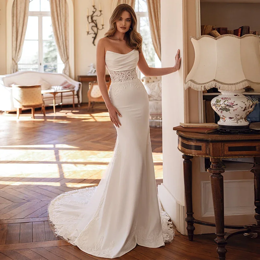 

Elegant White Mermaid Lace Applique Wedding Dress New Sexy Off Shoulder Beach Dance Bridal Gown Vestido De Novia Customized