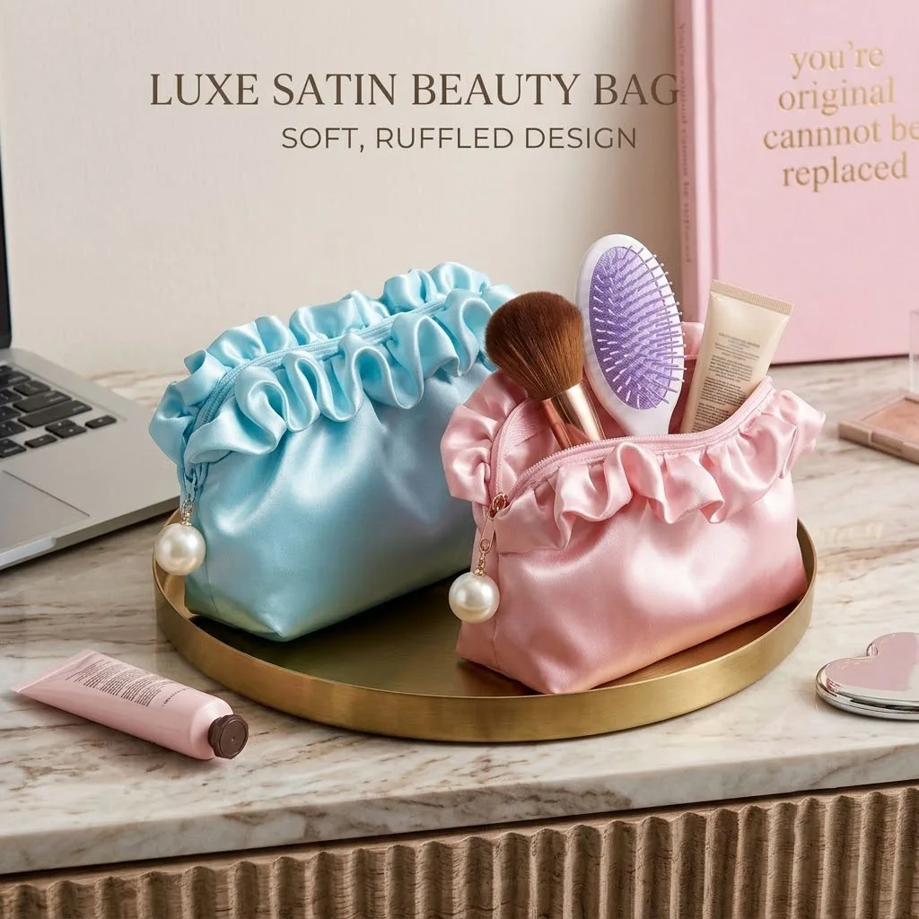 Travel Toiletry Bag for Women Large Capacity Satin Silk Cosmetic Pouch Ruched Cloud Makeup Bag Portable Skincare Storage Clutch