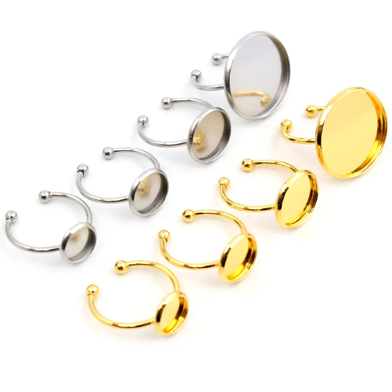 6 8 10 12 14 16 18 20mm Stainless Steel Gold Plated Adjustable Ring Settings Blank Base Fit 6-20mm Glass Cabochon Buttons Bezels