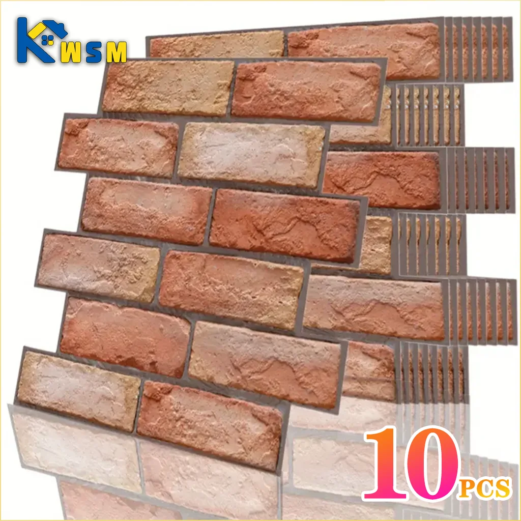 

10PCS 3D Self-Adhesive Foam Wallpaper TV Background Waterproof Bubbleproof Wall Stickers for Living Room Bedroom Dining Decor