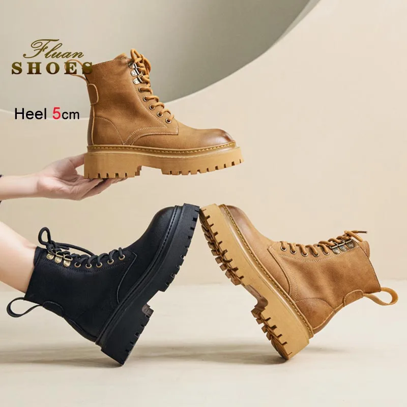 

2025 Осенние новые женские короткие ботинки в британском стиле, ботильоны на толстой подошве 5 см, ботинки из натуральной кожи с боковой молнией, модная женская обувь