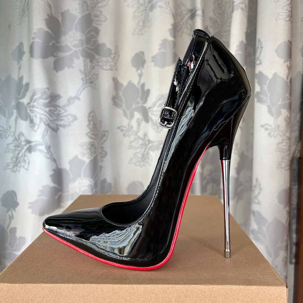 

16cm Metal High Heels Stilettos Sexy Women Pumps Ankle Strap All Black Fetish Model Factory Customize Shiny Black Man Shoes