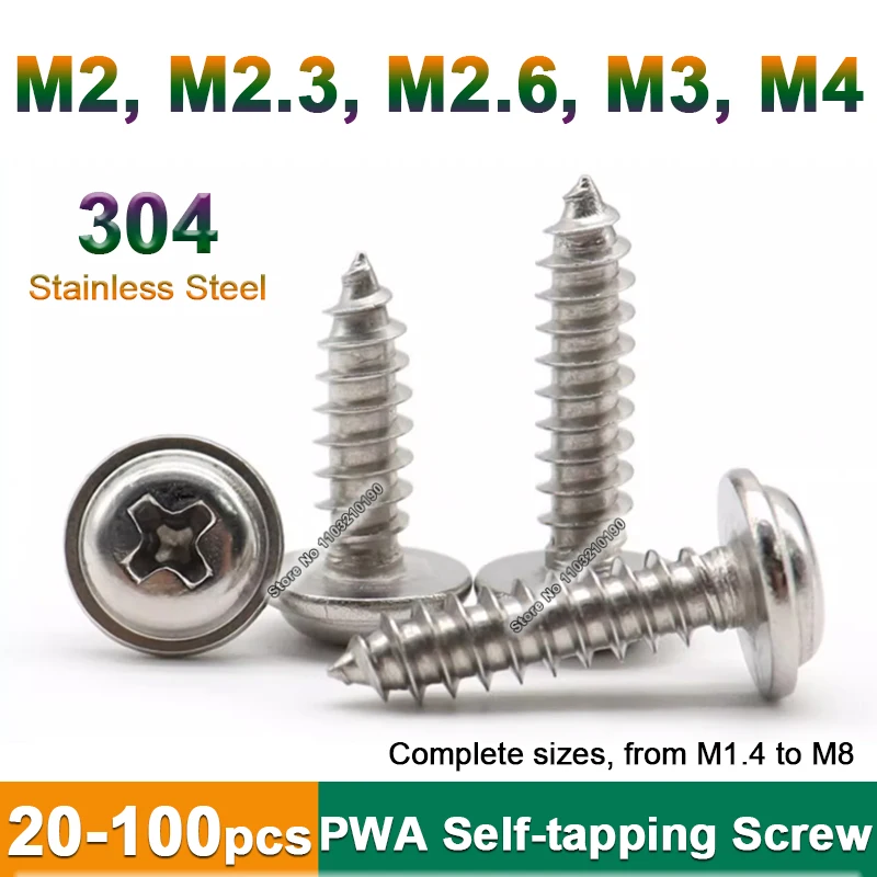 

PWA Self-tapping Screw M2 M2.3 M2.6 M3 M4 to M8 304 Stainless Steel Cross Phillips Round Pan Head with Washer Collar Wood Screw