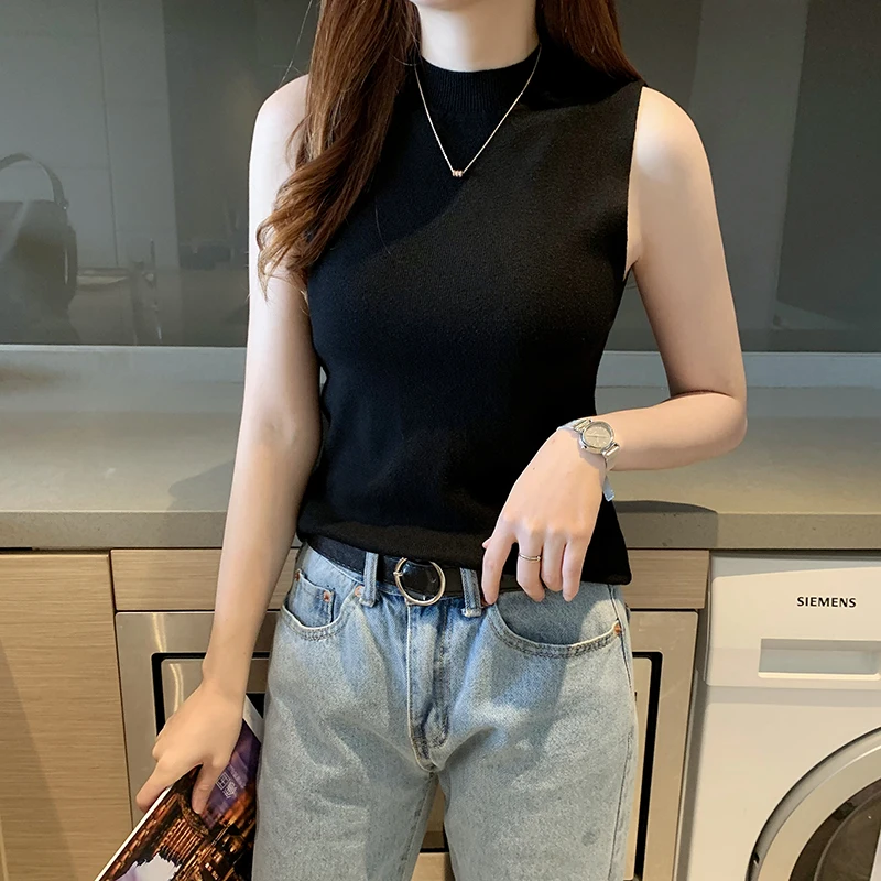 Blouses Top Femme Knit Blouse Women Blusas Mujer De Moda 2024 Verano Sleeveless Black White Knitted Blouse Shirt Tops Women E821