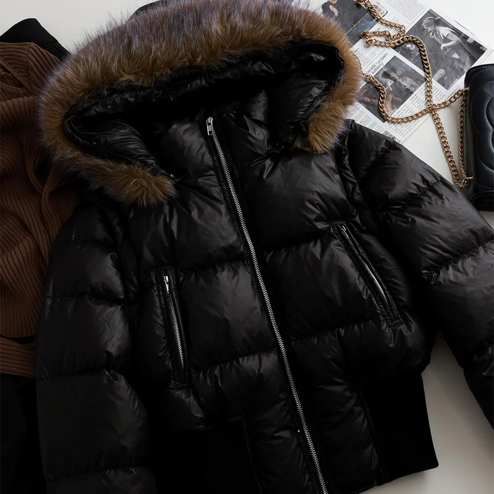 Women's Black Down Jacket with Detachable Sleeves Real Fox Fur Collar  Waist-cinched Design  Filled with 90% White Duck Down