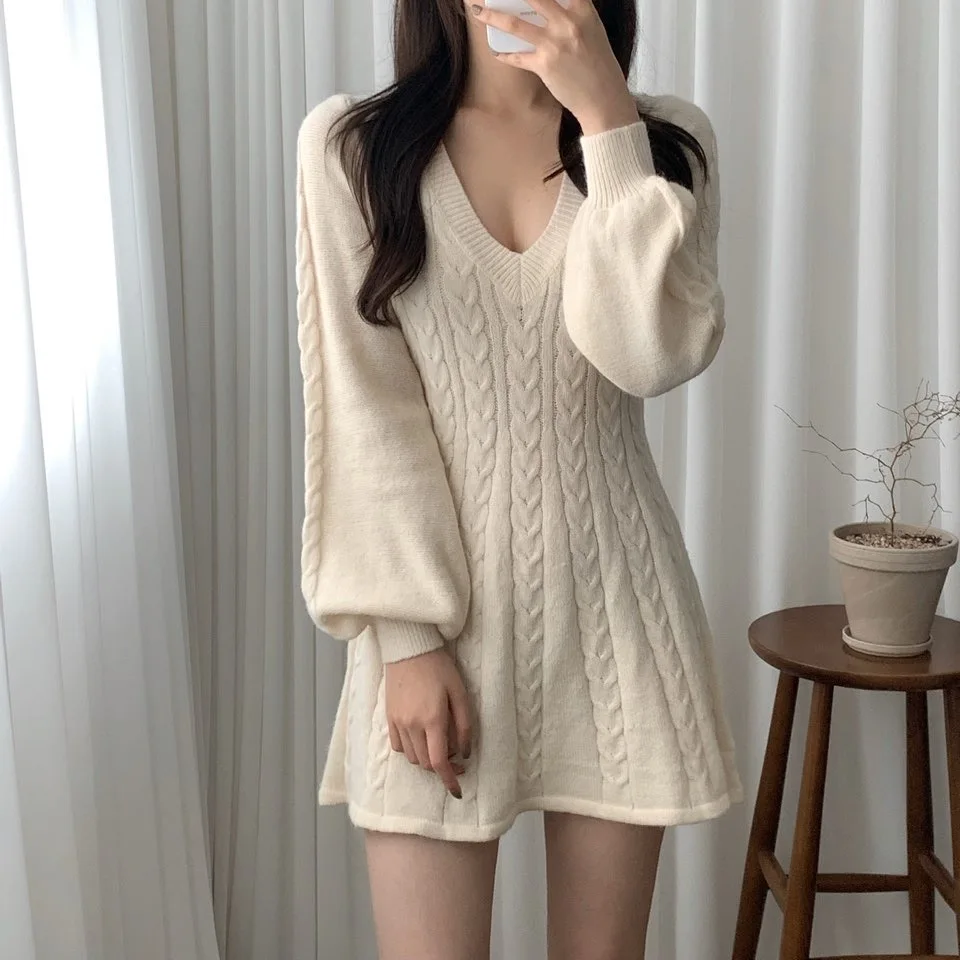 Chic Autumn Winter Vintage Knitted Sweater Dr Women's A-Line Waist-Cinching Lantern Sve V-Ne Casual Sle Polyester F...