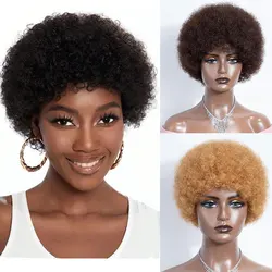 Short Curly Wigs Afro Kinky Curly Wigs Human Hair Pixie Cut Curly Afro Wigs for Black Women Full Machine Brown Red Highlight Wig