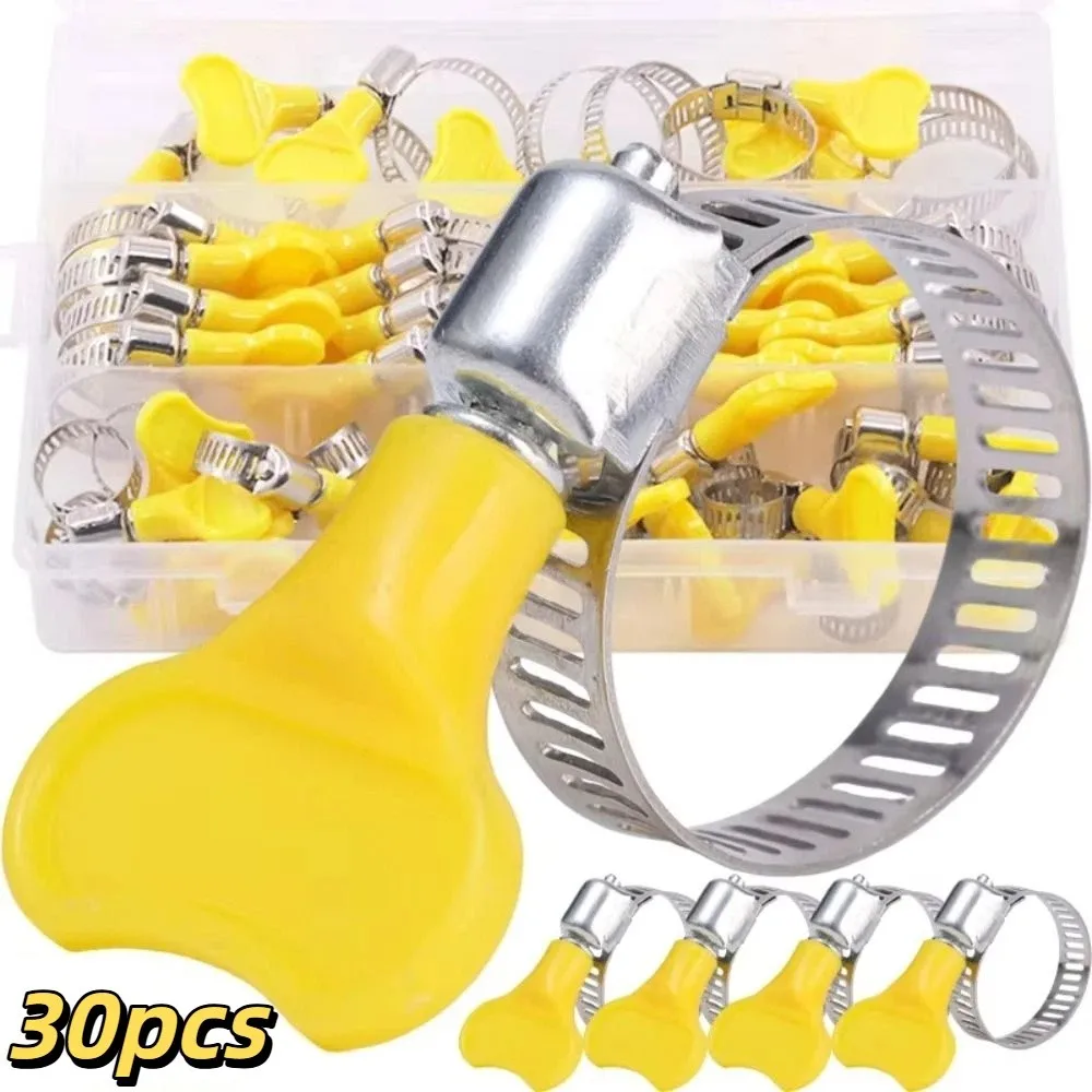 

30pcs Yellow Plastic Handle Stainless Steel Hose Clamps Stainless Steel Screw Band Adjustable Size T Bolt Pipe Clamp