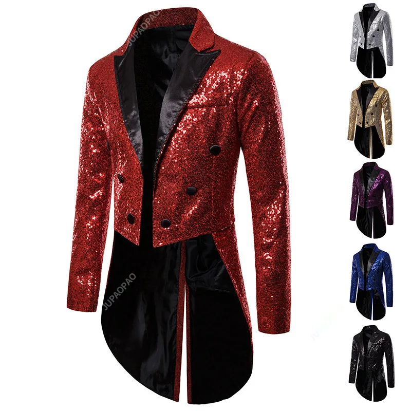 

British court tailcoat medium length oversized color blocking suit, men's double breasted sequin suit, hosting performance dress