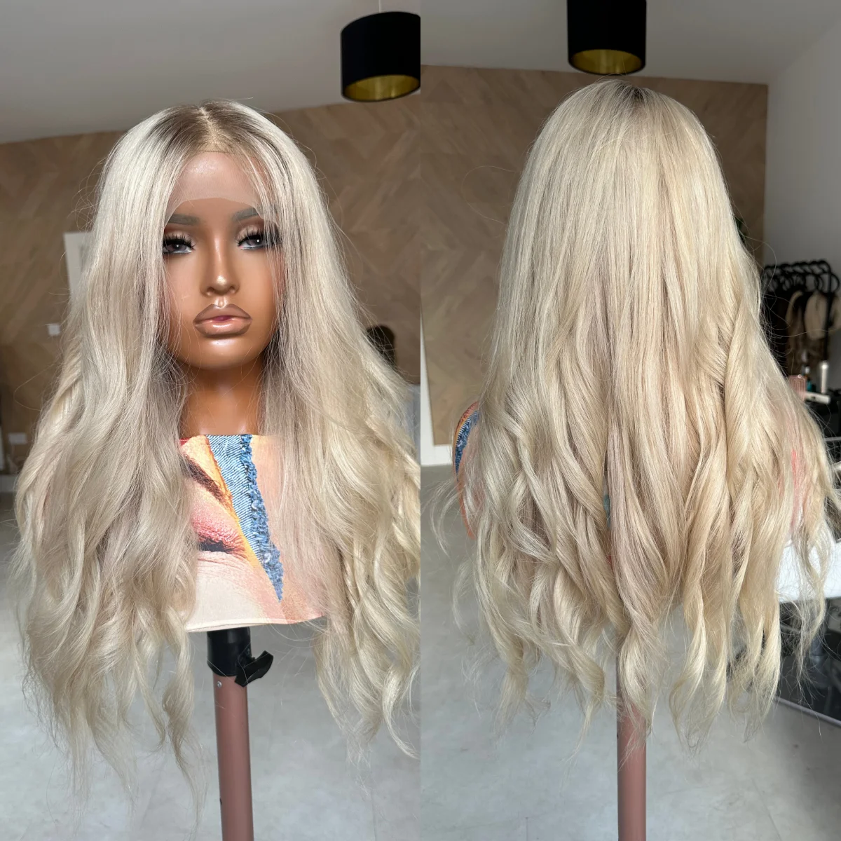 

Glueless Wigs Long Ombre Ash Blonde Highlights HD Invisible Synthetic Lace Front Wig Free Part Wig Heat Resistant Fiber Wig 24”