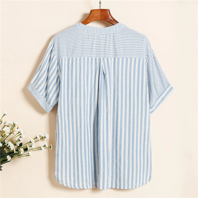 Women Striped Comfortable Cotton Linen Blouse Summer Simple Casual Loose Shirts Asymmetric Short Sleeve Tops Female Blusas Ropa