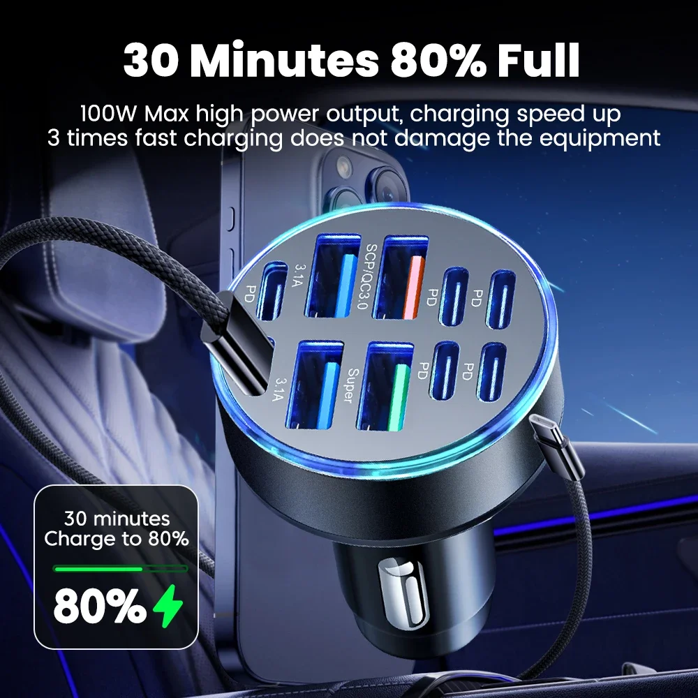 100W 10 Ports Car Charger Fast Charging PD QC 3.0 USB C Car Phone Charger Type C Adapter in Car For iPhone Samsung Huawei Xiaomi