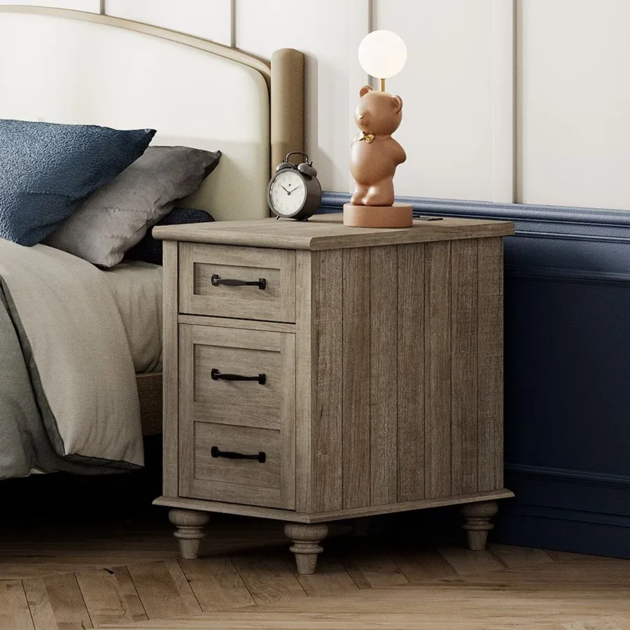 

Grey Side Table with Drawer and Cabinet Elegant End Table with Charging Station Wooden Nightstand for Bedroom Living Room
