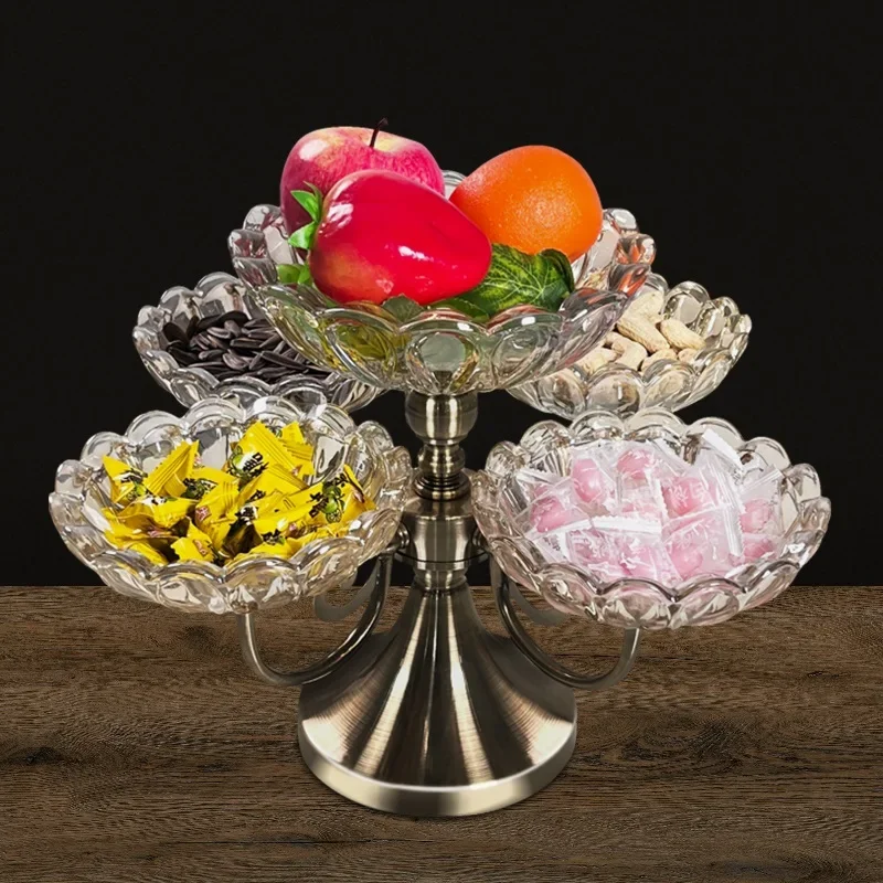 High-End Glass Rotating Fruit Plate Creative Modern Living Room Coffee Table European Double-Deck Home Fruit Plate Snacks