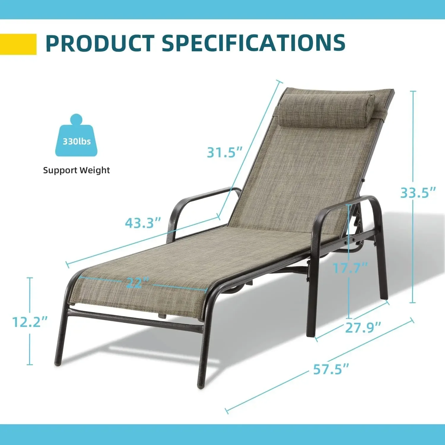 Outdoor Chaise Lounge Chair with Adjustable Backrest, All-Weather Textiline Recliner Chairs & Ergonomic Armrest for Yard