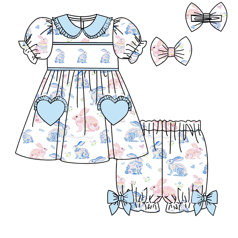 

Оптовый комплект детских пижам на Пасху: шорты и футболка с коротким рукавом для девочек, с мультяшным кроликом и яйцом, повседневный пижамный комплект с рюшами