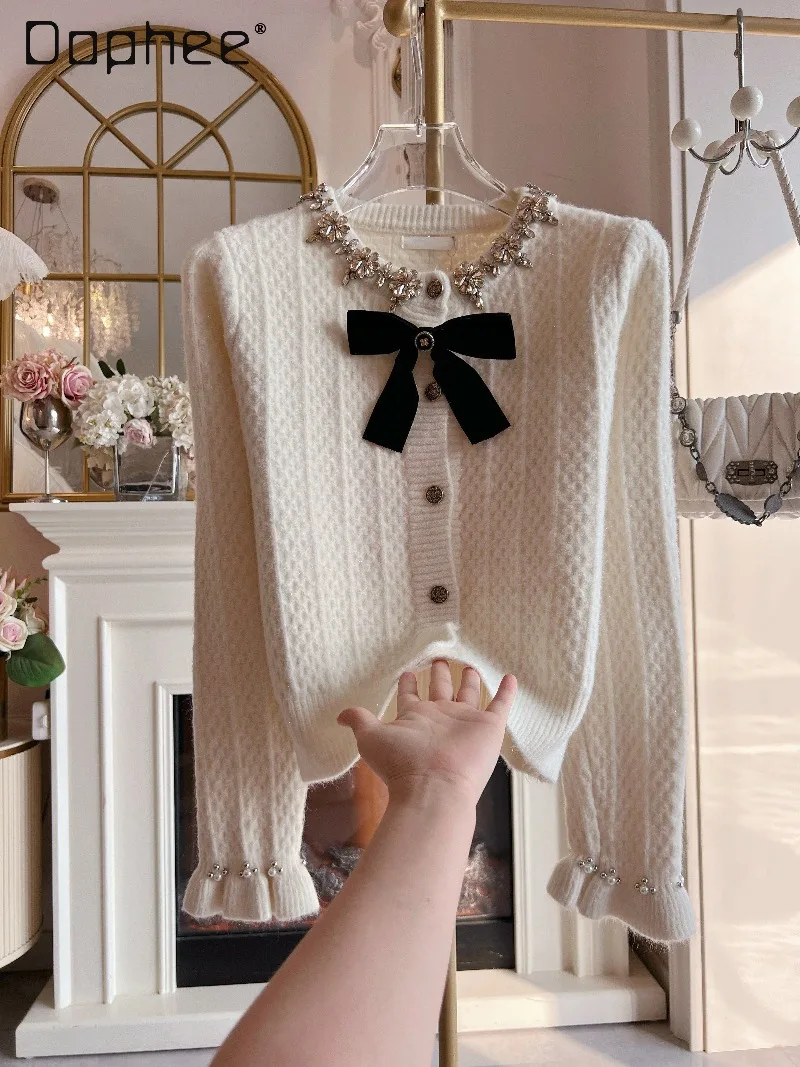 

Корейский модный вязаный кардиган с тяжелым украшением и ромбовидным бантом, женский однобортный элегантный тонкий укороченный кардиган с длинными рукавами