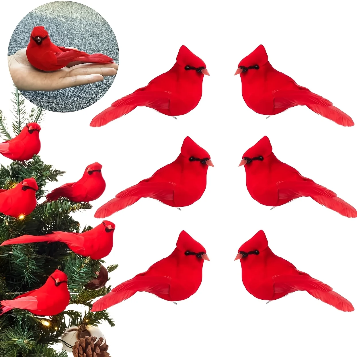 6pcs Clip-On Red Artificial Feather Birds, Christmas Tree & Wreath Decor, DIY Craft Ornaments for Wedding, New Year