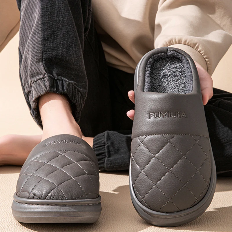Plus Size 47 Winter Waterproof Thick Bottom Slippers Men Soft Pu Leather Fuzzy Lined Cotton Shoes Man Indoor Outdoor Plush Slide