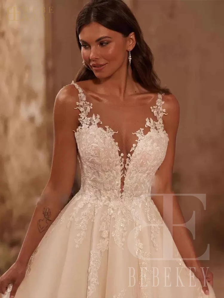 BEBEKEY مخصص السباغيتي الأشرطة فساتين الزفاف ألف خط الدانتيل زين فستان زفاف عارية الذراعين فستان رسمي vestidos de novia