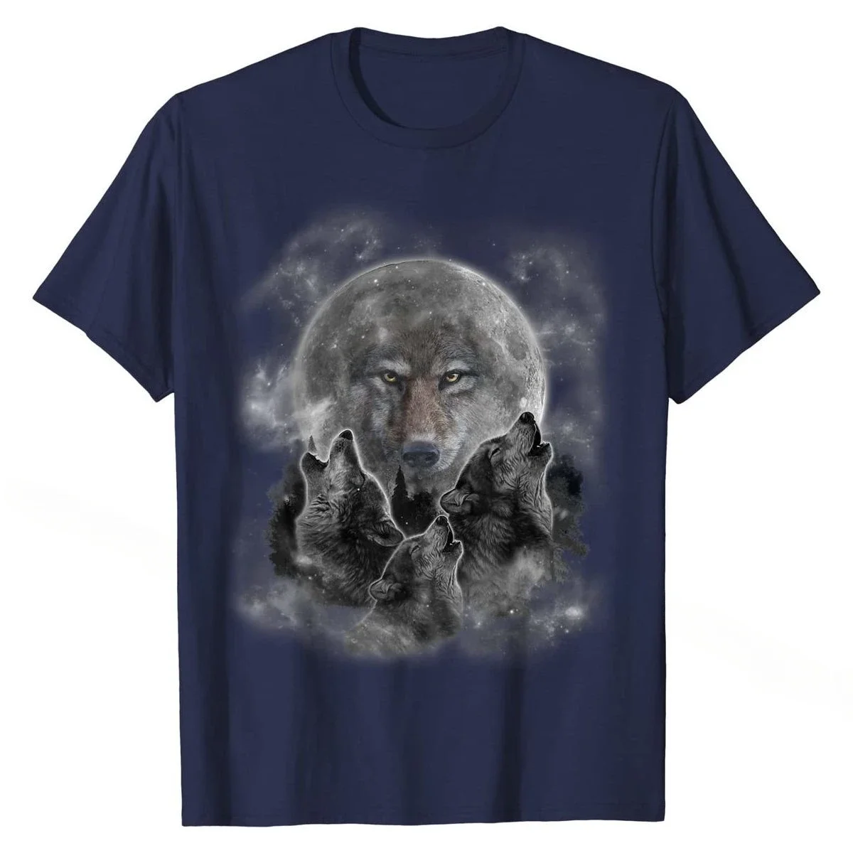 Cotton Tops & Tees Street T-Shirt, Three Wolves Howling, Full Moon w Wolf Silhouette Oversized Mens T Shirts  streetwear tops