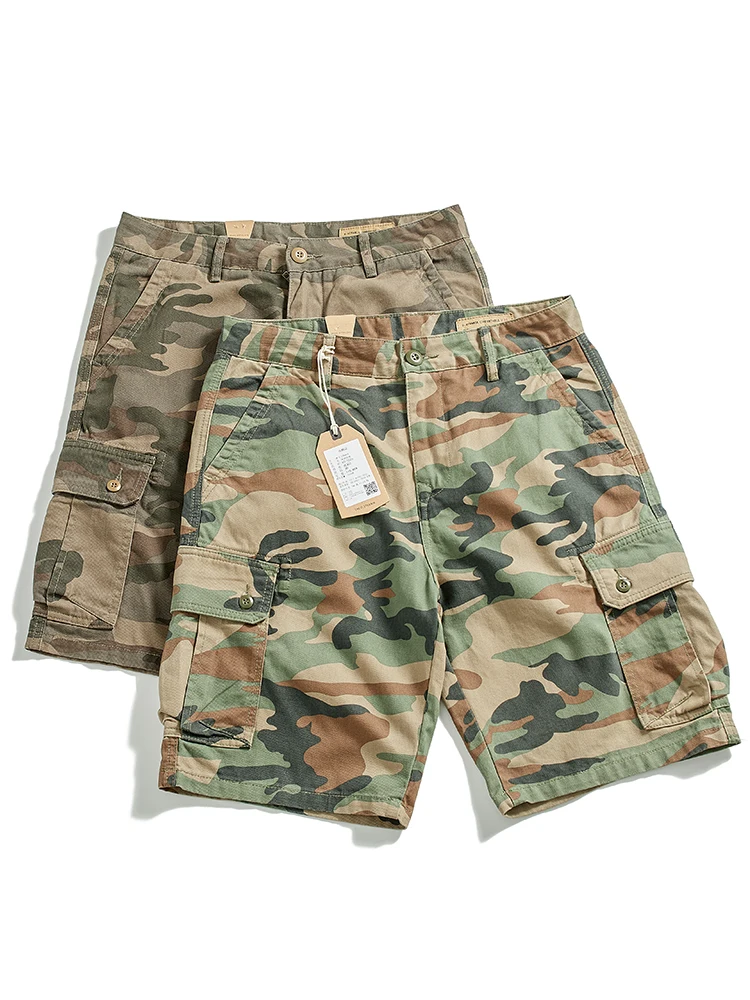 

Summer New American Retro Twill Heavyweight Camouflage Cargo Shorts Men's Pure Cotton Washed Loose Straight Casual 5-point Pants