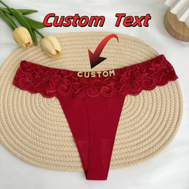 Personalized Custom Thong Name Crystal Letter G-String Low Waisted Lace Thong Ice Silk Bikini Panties Hot Wife Girlfriend Gift