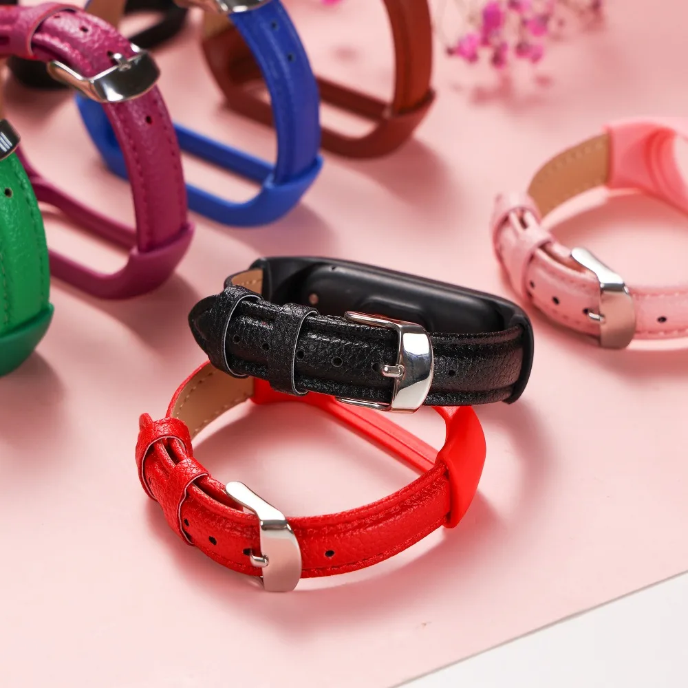 Correa de cuero de repuesto de cuero PU con conectores de Metal, accesorios para correa de reloj, pulsera para Xiaomi Mi Band 7 6 5 4 3