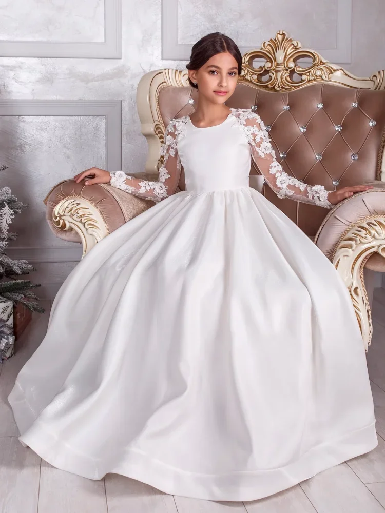 

White Flower Girl Dresses Satin Flory Pattern With Bow Long Sleeve For Wedding Birthday Party Banquet Princess Gowns