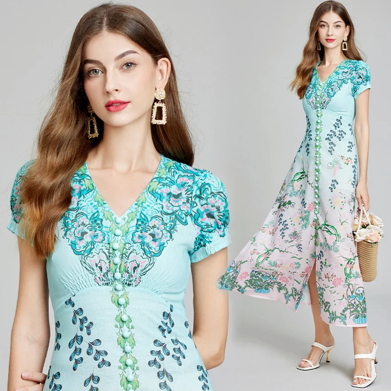 Vestidos vintage de manga curta com decote em V Boho, estampa de flores, algodão e linho, moda casual verão, novo, 2024