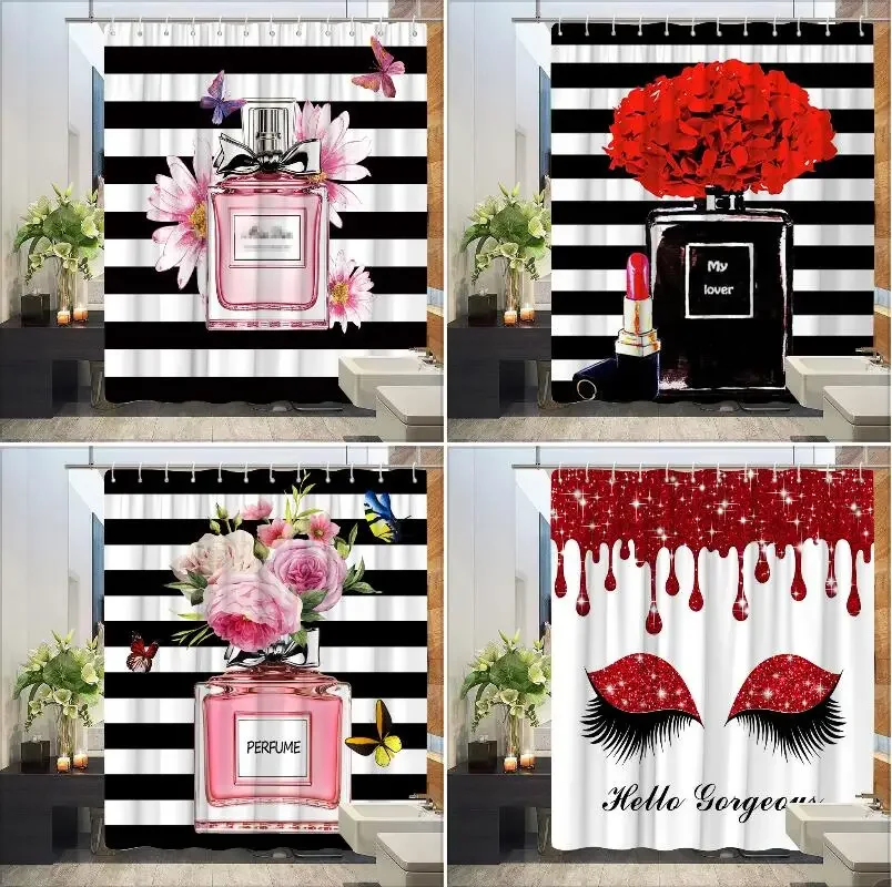 Cosmetic Perfume and Floral Shower Curtain and Rug Bathroom Set Flowers Heels Lipstick Home Cloth Hanging Curtain Bathroom Decor