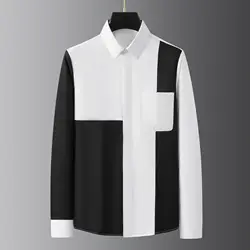 2023 Autumn Geometric Patchwork Shirt Men High-quality Long Sleeve Casual Shirts Slim Fit Business Social Party Tuxedo Blouse