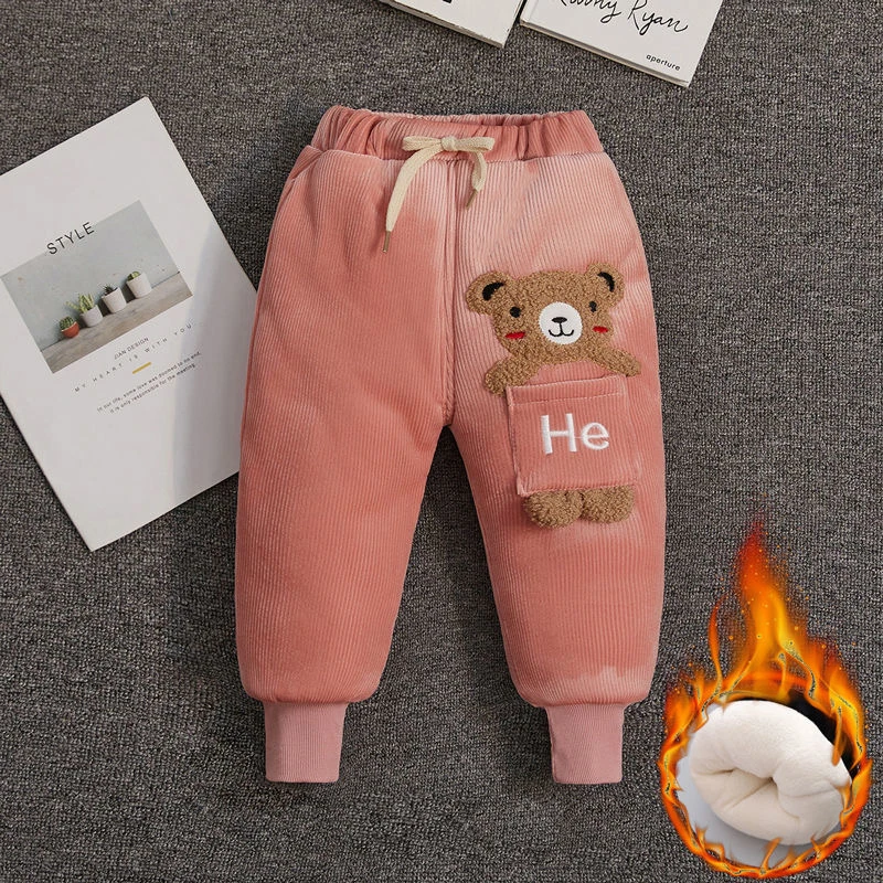 1 2 3 4 5 Years Winter Keep Warm Baby Boys Pants Cute Cartoon Bear Corduroy Girls Trousers Christmas Birthday Gift Kids Clothes