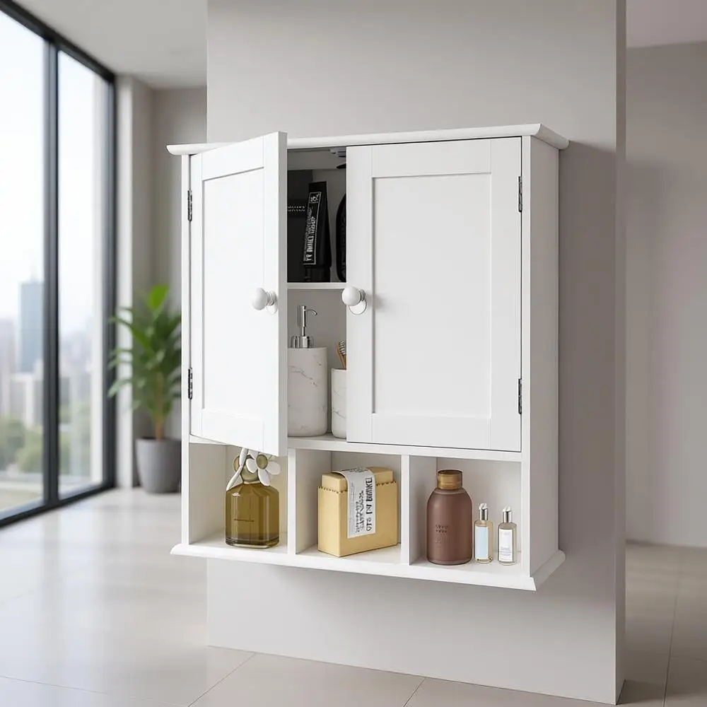 

Over-the-Toilet White Wall Cabinet with 2 Doors and Adjustable Shelves for Bathroom, Laundry, and Kitchen Storage