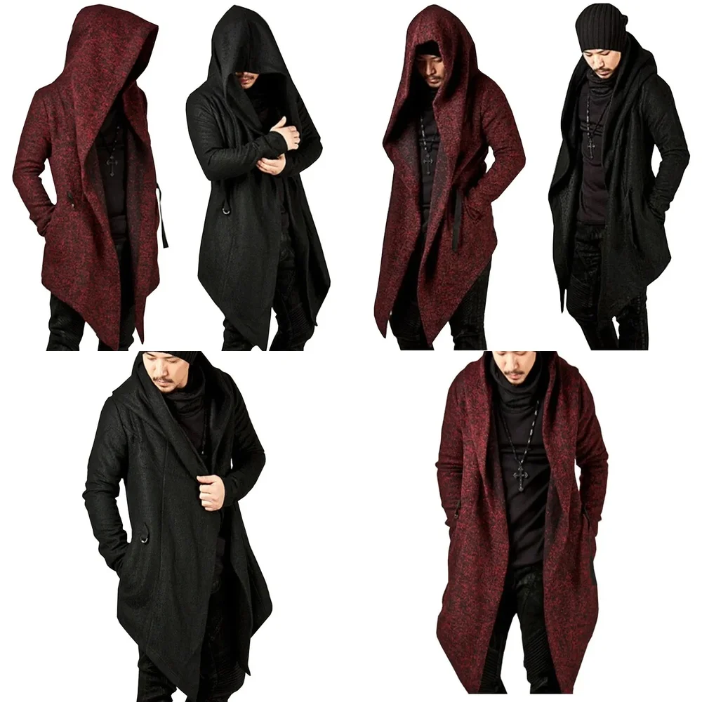 

Мужской модный плащ с капюшоном, повседневная длинная куртка с карманом, свободный крой в готическом стиле