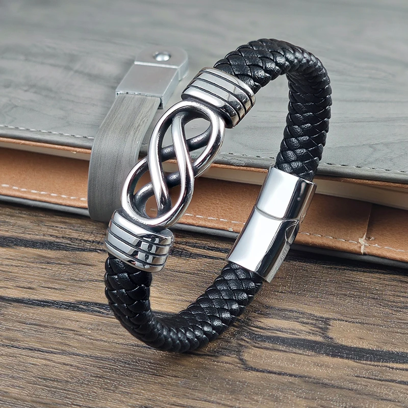 Charmantes Herren-Armband aus geflochtenem Leder mit Edelstahl-Unendlichkeitsknoten-Charm und Magnetverschluss, Schmuckgeschenk für Freund oder Ehemann
