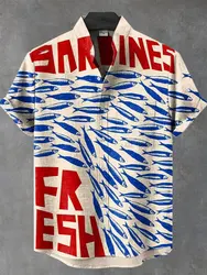 2026 men's new retro style fish pattern print men's casual linen comfortable fabric short sleeved shirt button top