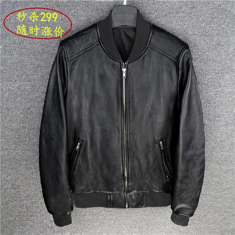 genuine leather 100% fur coat men jacketSpring single men's slim motorcycle baseball suit flight large