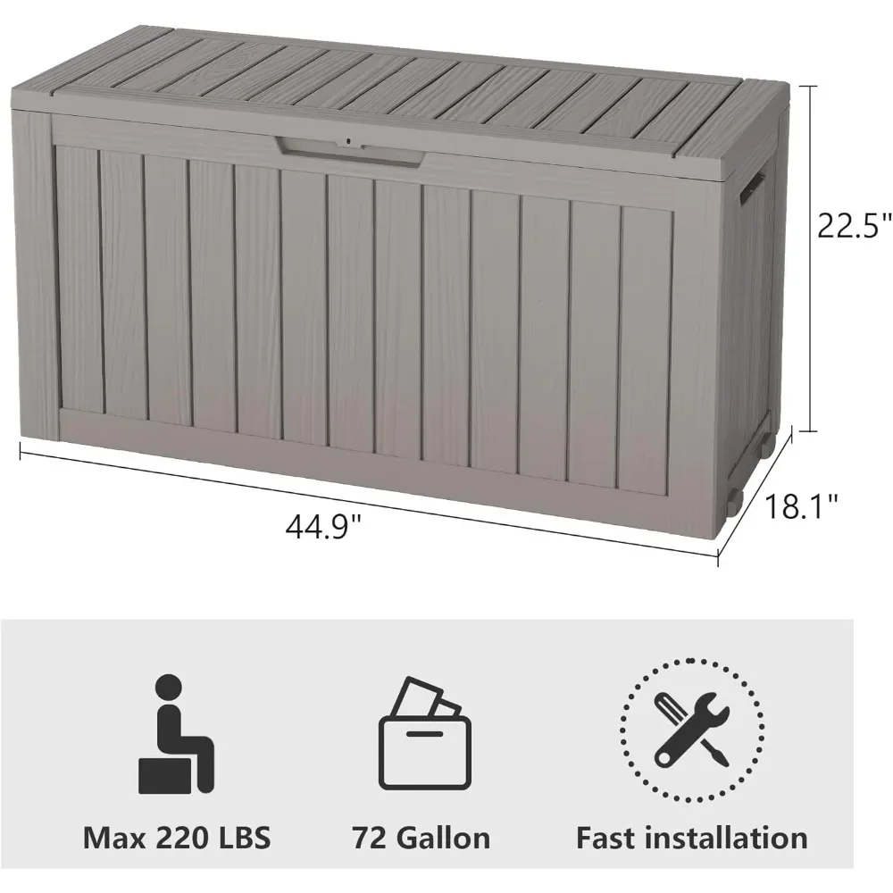 صندوق سطح من الراتنج قابل للقفل - حاوية تخزين خارجية مقاومة للماء سعة 72 جالونًا لوسائد ووسائد أثاث الفناء