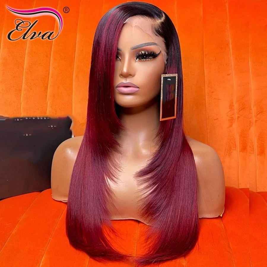 

99j Long Bob Human Hair Wigs For Black Women Peruvian Hair 13x6/360 Lace Frontal Wig Bleached Knots Remy Colored Full Lace Wigs