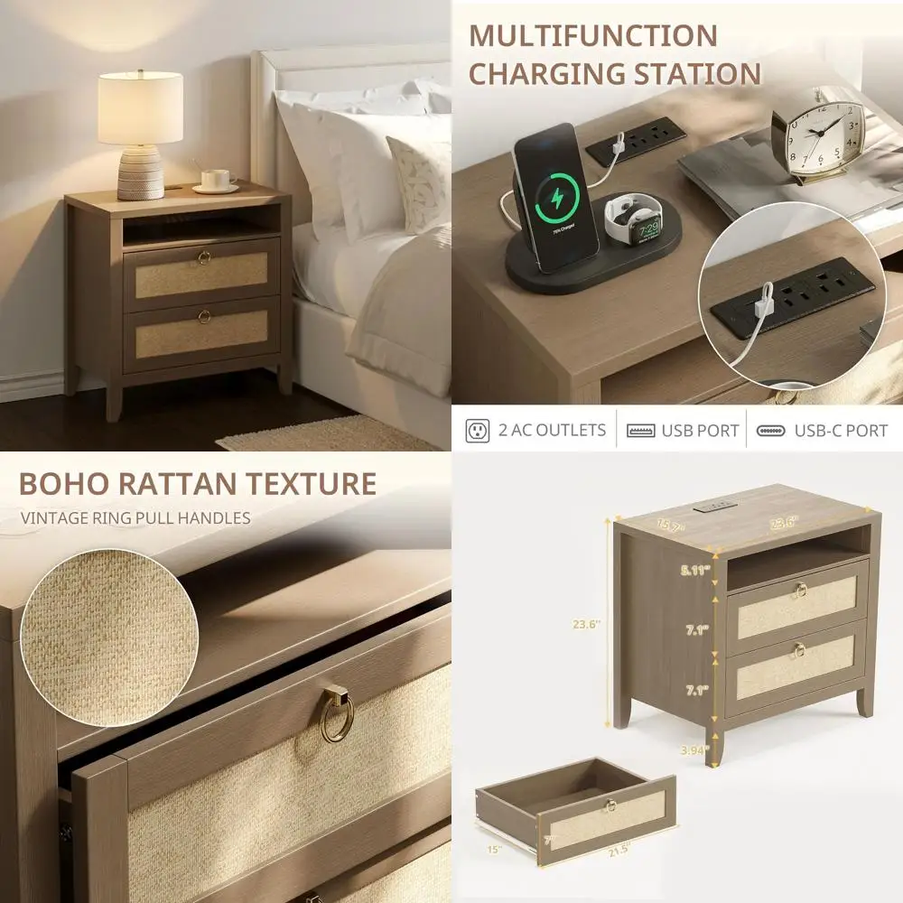 

Прикроватная тумбочка из дуба 23.6 с зарядной станцией, 2 ящиками и полкой для хранения – в стиле бохо для небольших спален