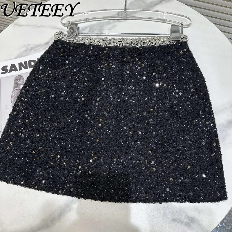 2023 Winter New Non-Mainstream Style Rhinestone Beaded Waist Design Short Skirts Hot Girl Sequin Hip Mini Skirt for Women