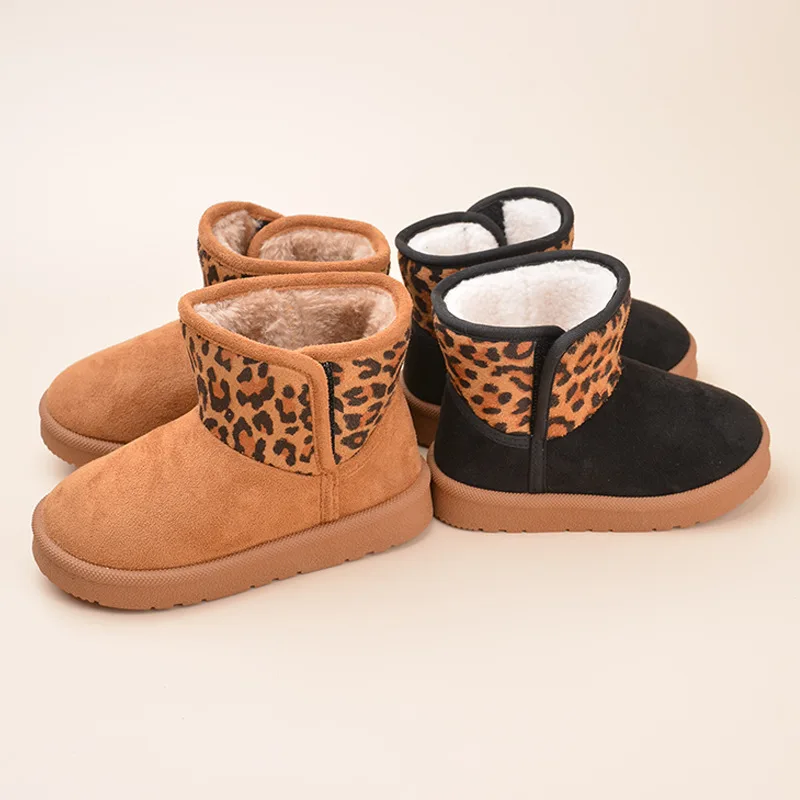 Winter Children Snow Boots Baby Cute Leopard Print Short Boots Girls Fashion Cotton Shoes Boys Warm Suede Leather Upper Boots