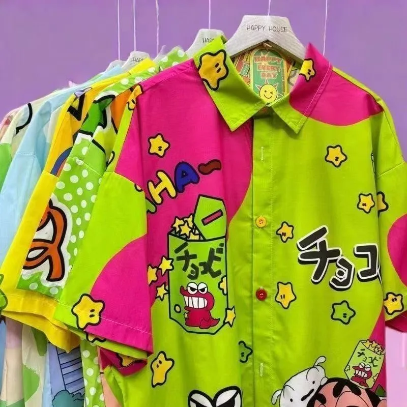 Crayon Shin-chan Nohara Shinnosuke Nohara Shiro Personality Creative Print Short Sleeve Cartoon Anime Goods Loose Casual Shirt