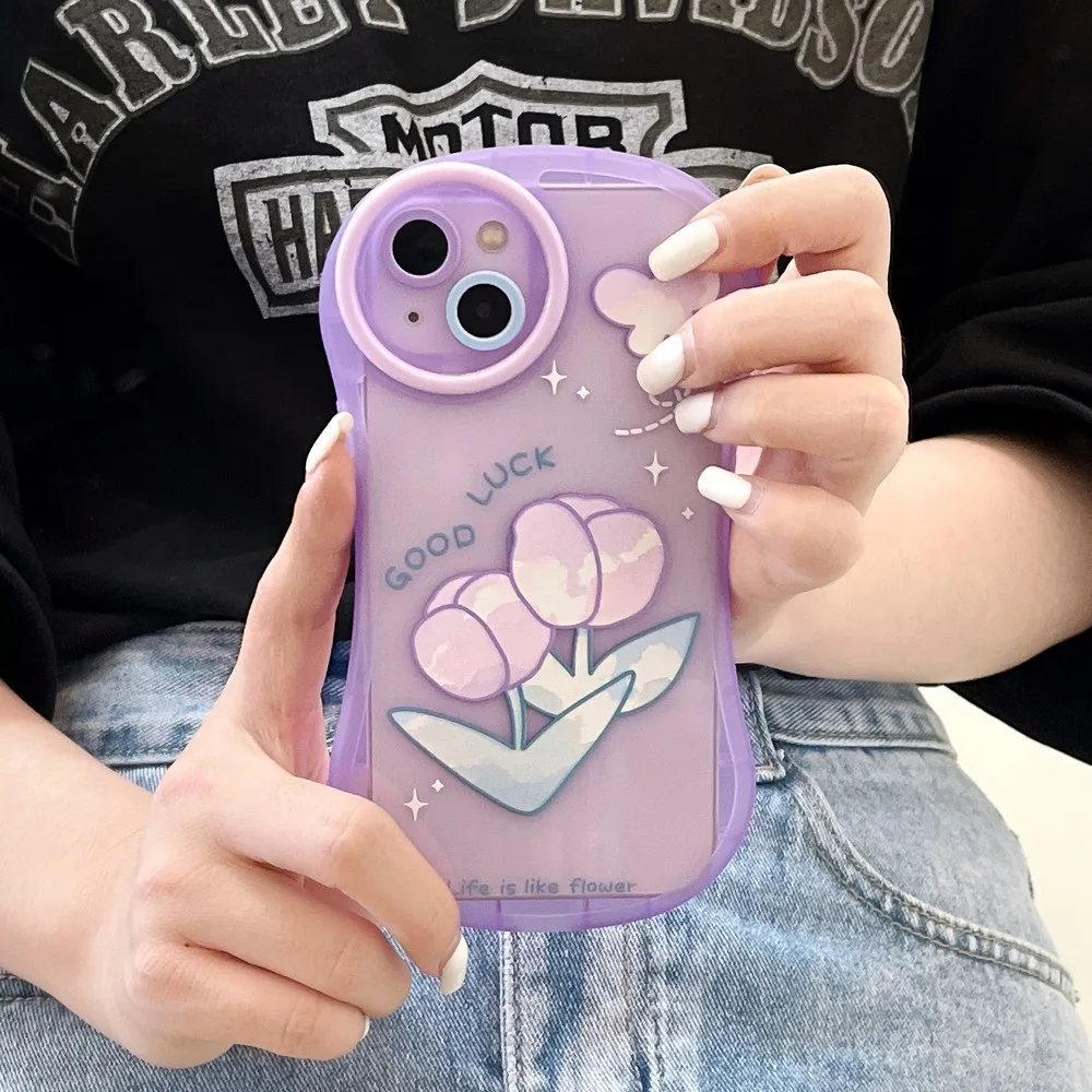 Purple Tulip Pattern Arc Border Phone Case for iPhone 13 13Pro 13Promax 12 12Promax 11 11Promax X XS XR XSMAX Soft Shell