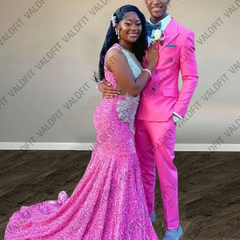 Customized Long Elegant Pink Bling Bling Prom Dresses with Crystals Homecoming Graduation Cocktail Dress Vestidos De Festa