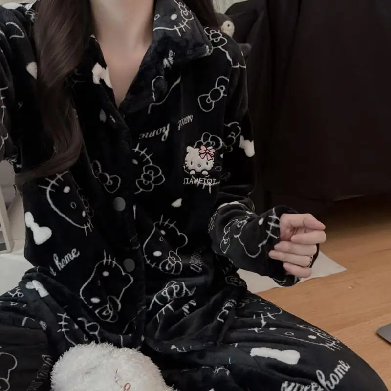 

Комплект пижам Sanrio Hello Kitty из кораллового флиса, женская зимняя домашняя одежда, милый утепленный комплект ночной одежды с мультяшным рисунком на флисовой подкладке