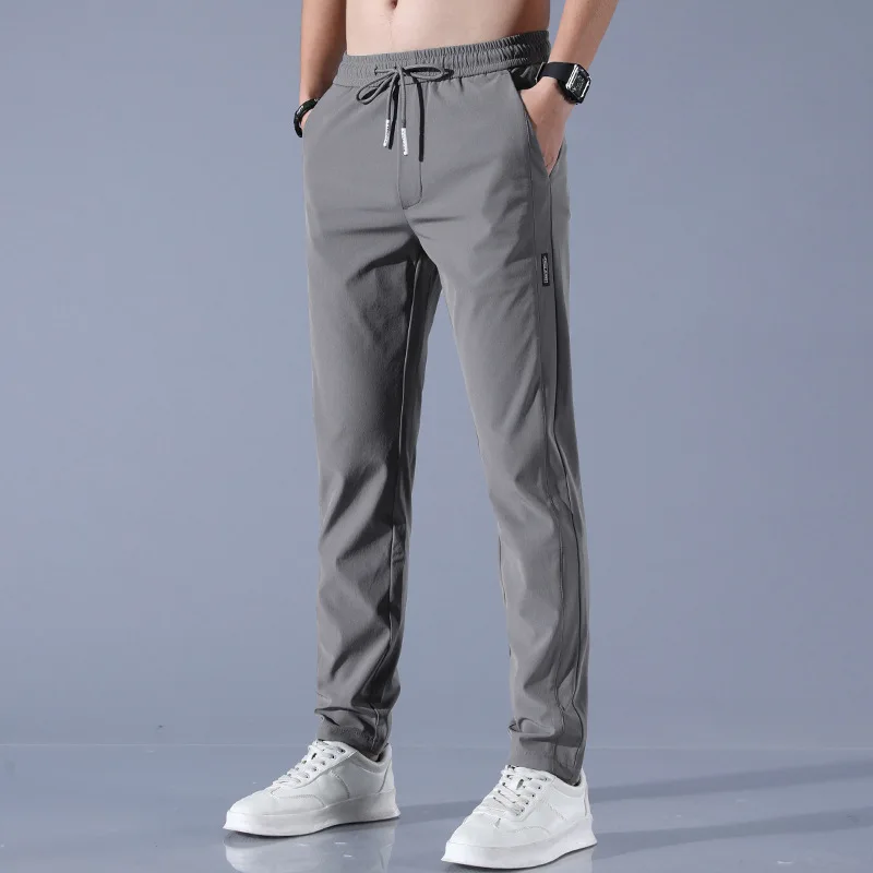 Men's Summer New Youth Fashion Solid Color Loose Drawstring Elastic Waist Spliced Pockets Straight Business Casual Suit Pants